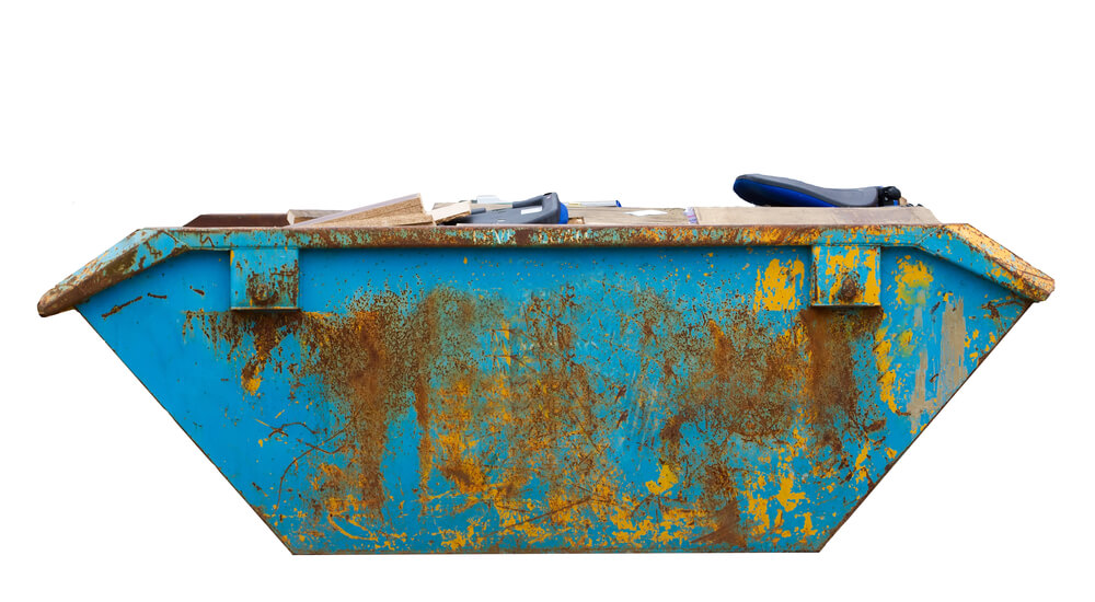 image of a blue mini skip hire bin with a white background