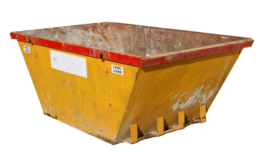 a yellow mini skip hire bin with a red outer strip on a white background
