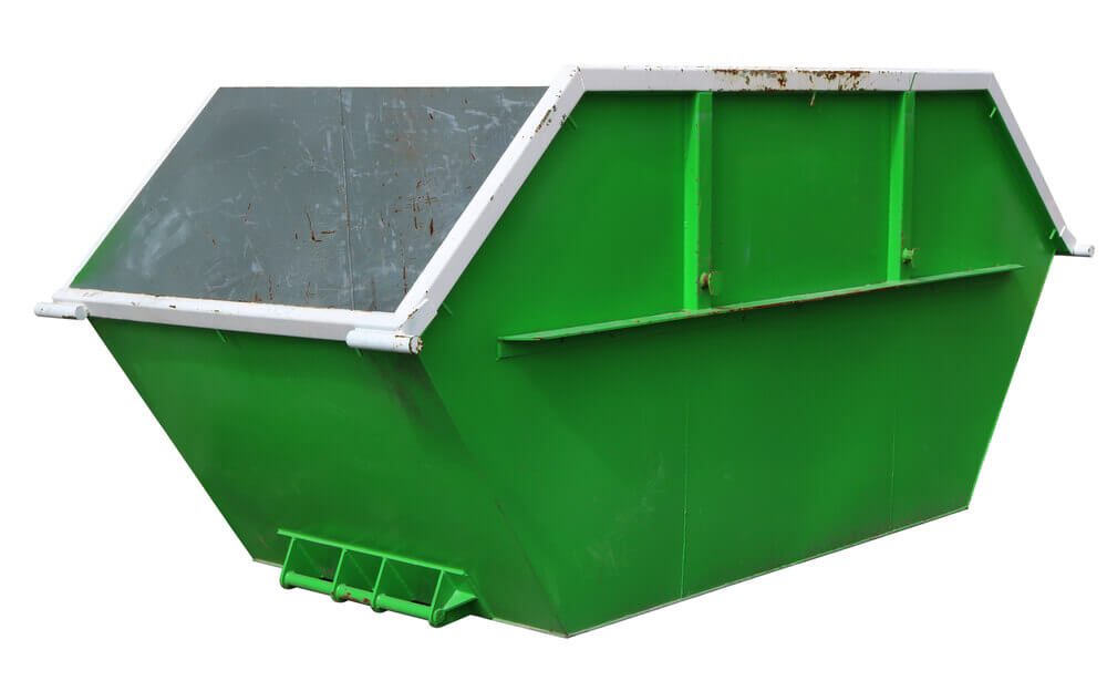 skip bin hire Ipswich's green bin with a white background